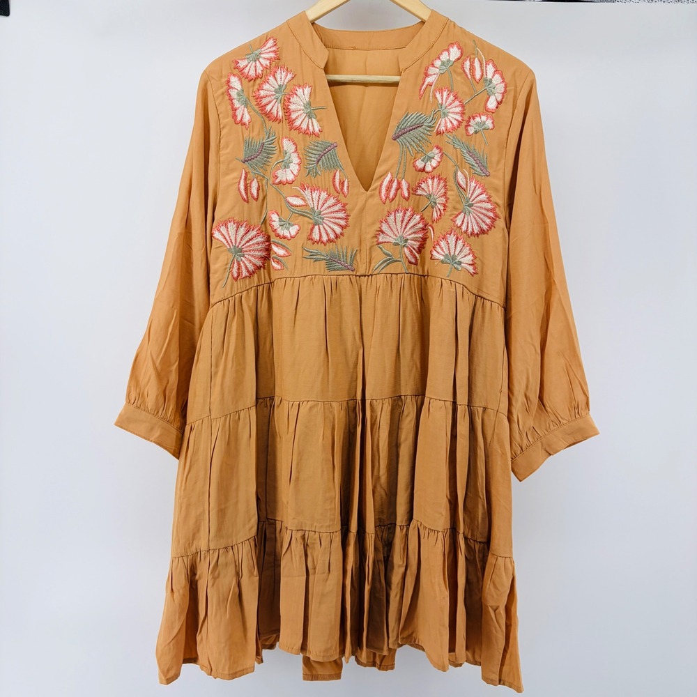 Floral Embroidered Large Tiered Babydoll Dress Mustard Yellow Boho Mini Western
